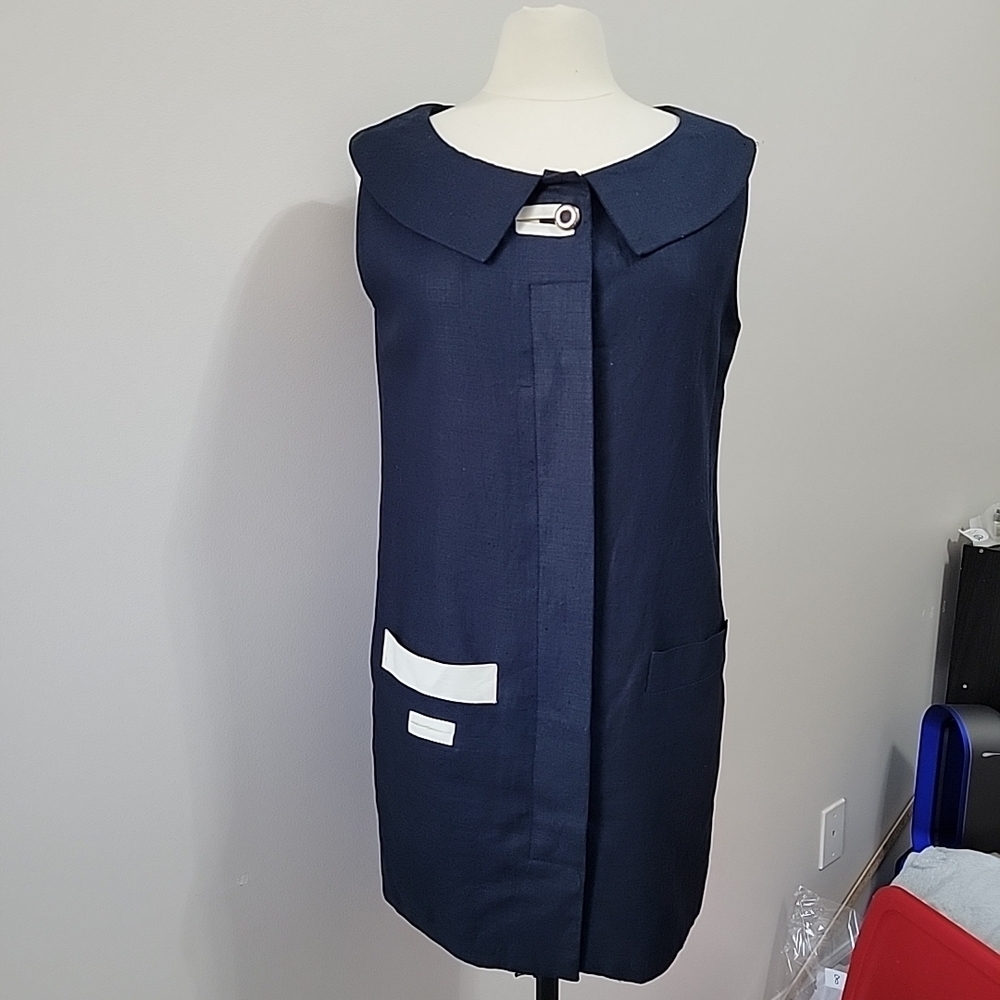 Vintage Steve Fabrikant Navy blue shift dress by designer 100% Linen EUC Size 8